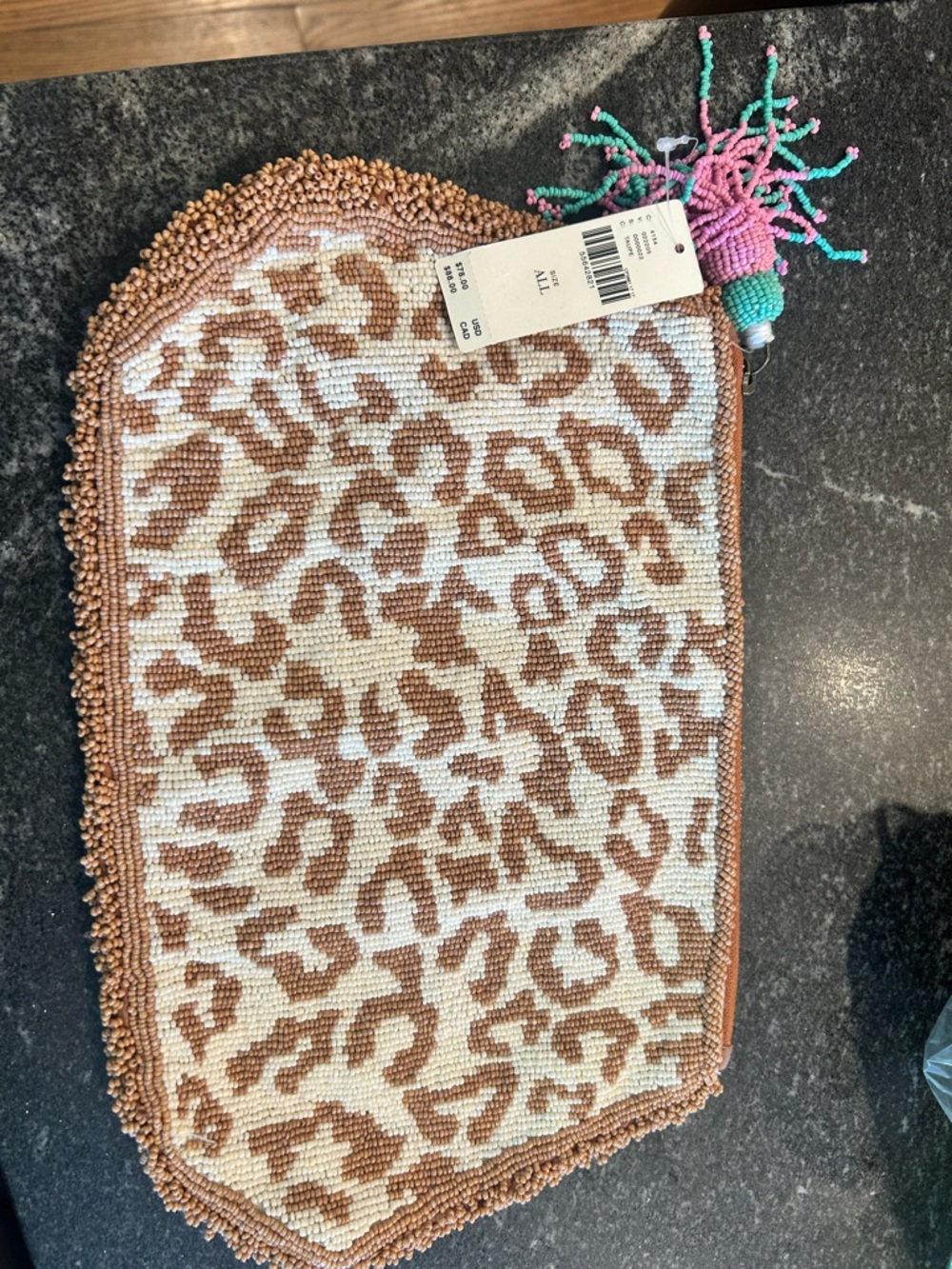 Anthropologie Taupe and Cream Beaded Leopard Print Wristlet with Colorful Tassel